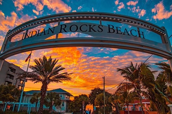 Indian Rocks Beach welcome sign at sunset, 8 minutes from Sunset Escape